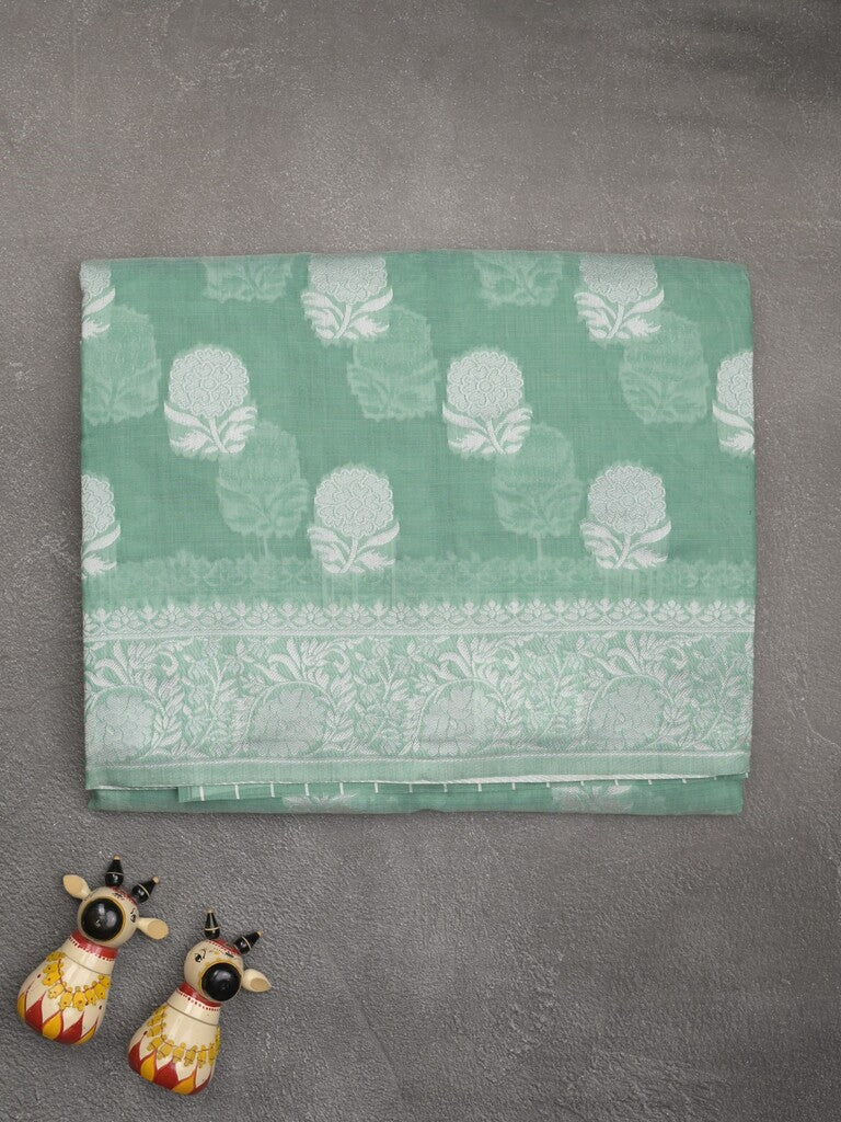 Chanderi fancy saree lux green color allover motifs & zari border with self pallu and plain blouse