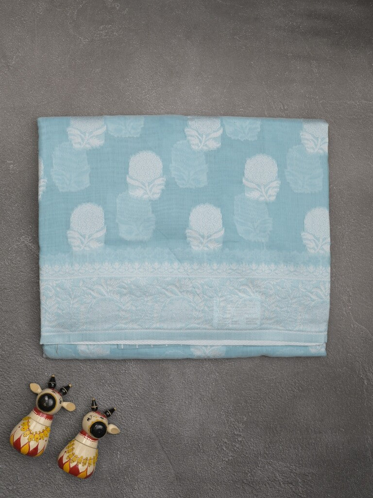 Chanderi fancy saree light blue color allover motifs & zari border with self pallu and plain blouse