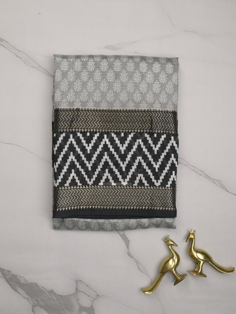 Maheshwari fancy saree light grey color allover prints & zari, printed border with contrast pallu and plain blouse