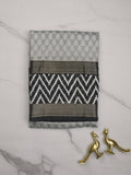 Maheshwari fancy saree light grey color allover prints & zari, printed border with contrast pallu and plain blouse