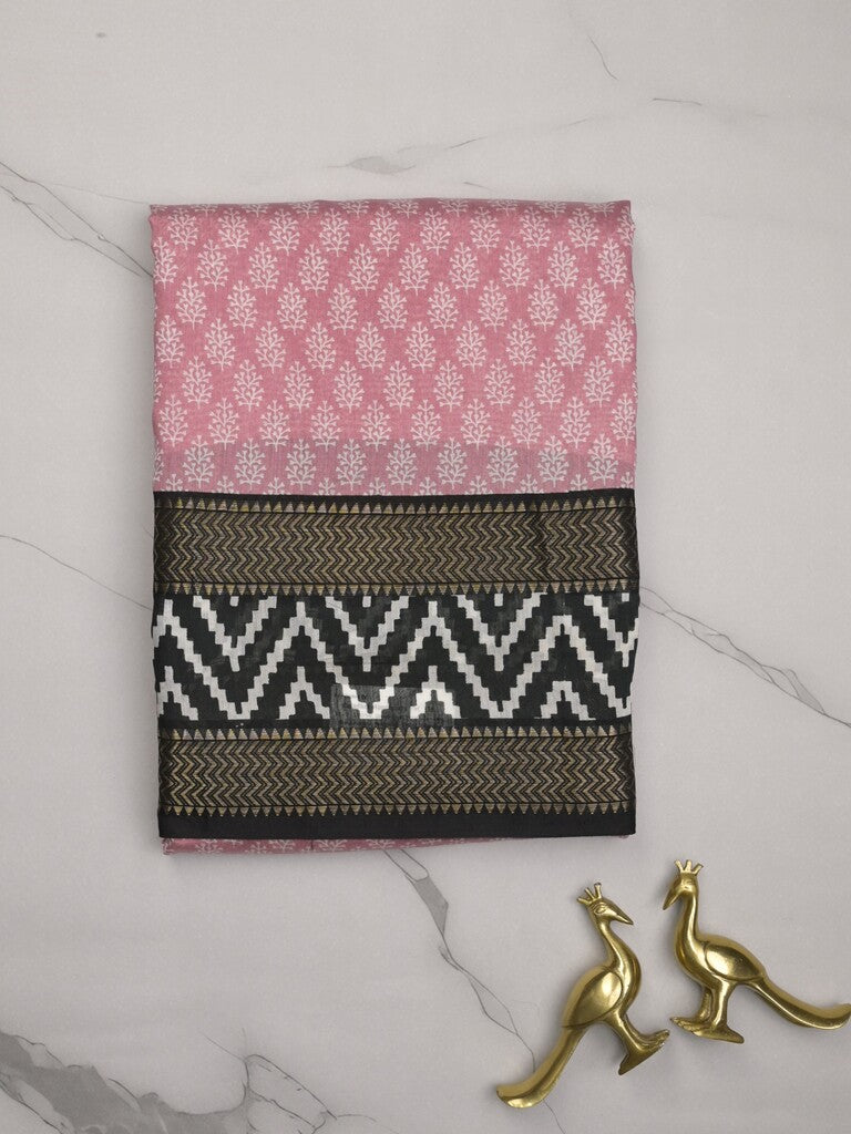 Maheshwari fancy saree pastel pink color allover prints & zari, printed border with contrast pallu and plain blouse