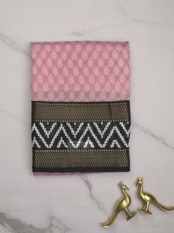 Maheshwari fancy saree pastel pink color allover prints & zari, printed border with contrast pallu and plain blouse
