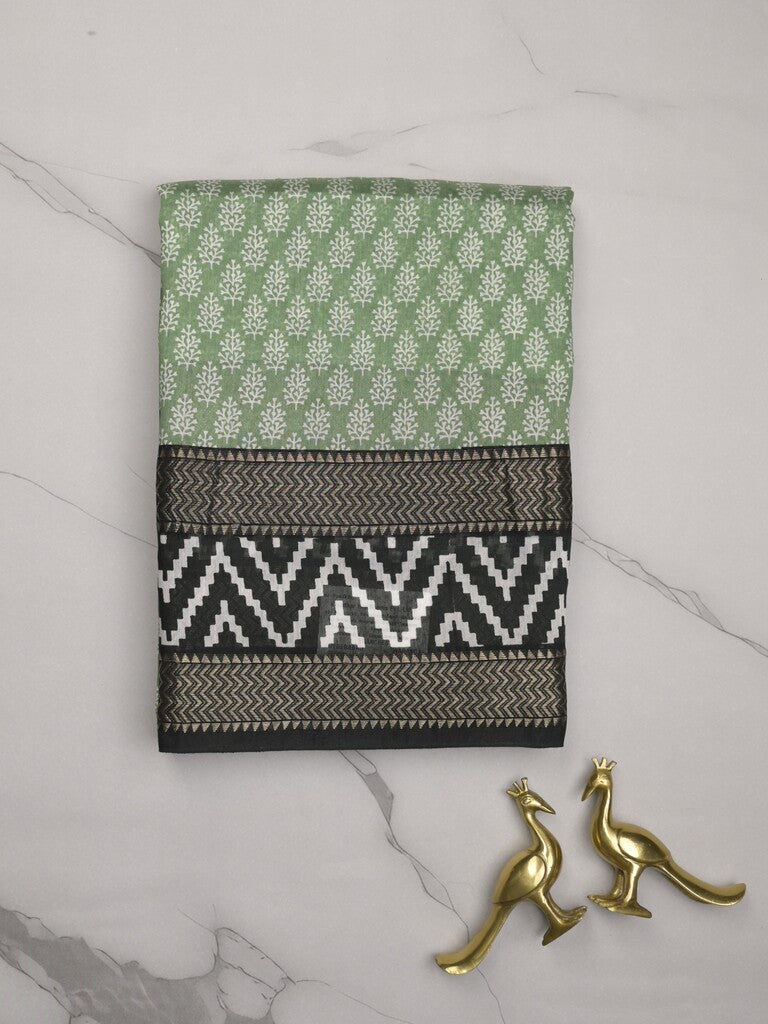 Maheshwari fancy saree light lux green color allover prints & zari, printed border with contrast pallu and plain blouse