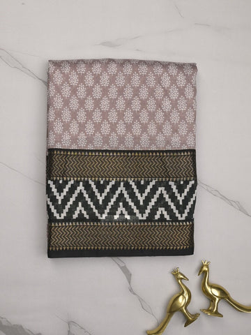 Maheshwari fancy saree light pinkish grey color allover prints & zari, printed border with contrast pallu and plain blouse