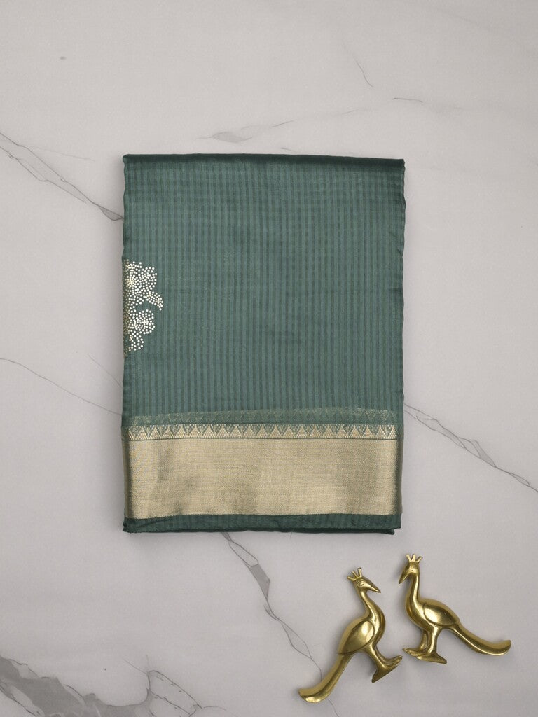 Chanderi fancy saree grey color allover zari motifs & zari border with zari pallu and plain blouse