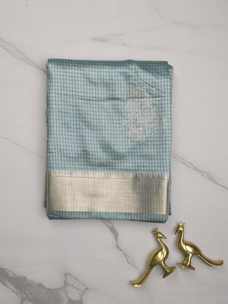 Chanderi fancy saree pastel blue color allover zari motifs & zari border with zari pallu and plain blouse