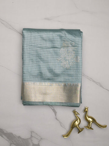 Chanderi fancy saree pastel blue color allover zari motifs & zari border with zari pallu and plain blouse