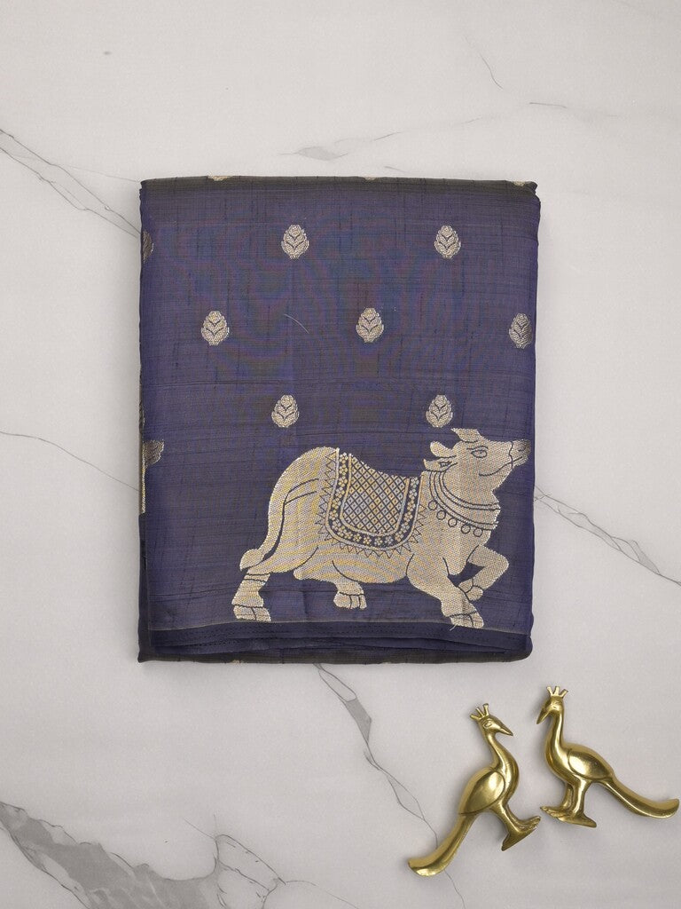 Dupion fancy saree navy blue color allover zari motifs & zari border with rich pallu and running blouse