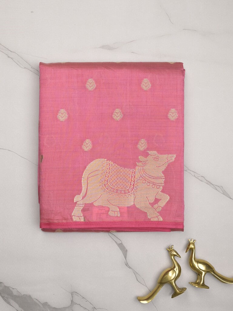 Dupion fancy saree light pink color allover zari motifs & zari border with rich pallu and running blouse