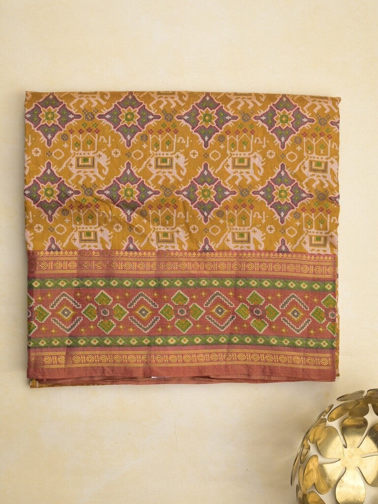 Ikkath fancy saree in mustard yellow color allover design with zari border & ikkath pallu and plain blouse