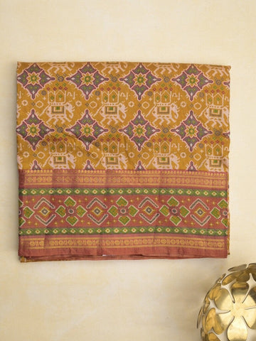 Ikkath fancy saree in mustard yellow color allover design with zari border & ikkath pallu and plain blouse