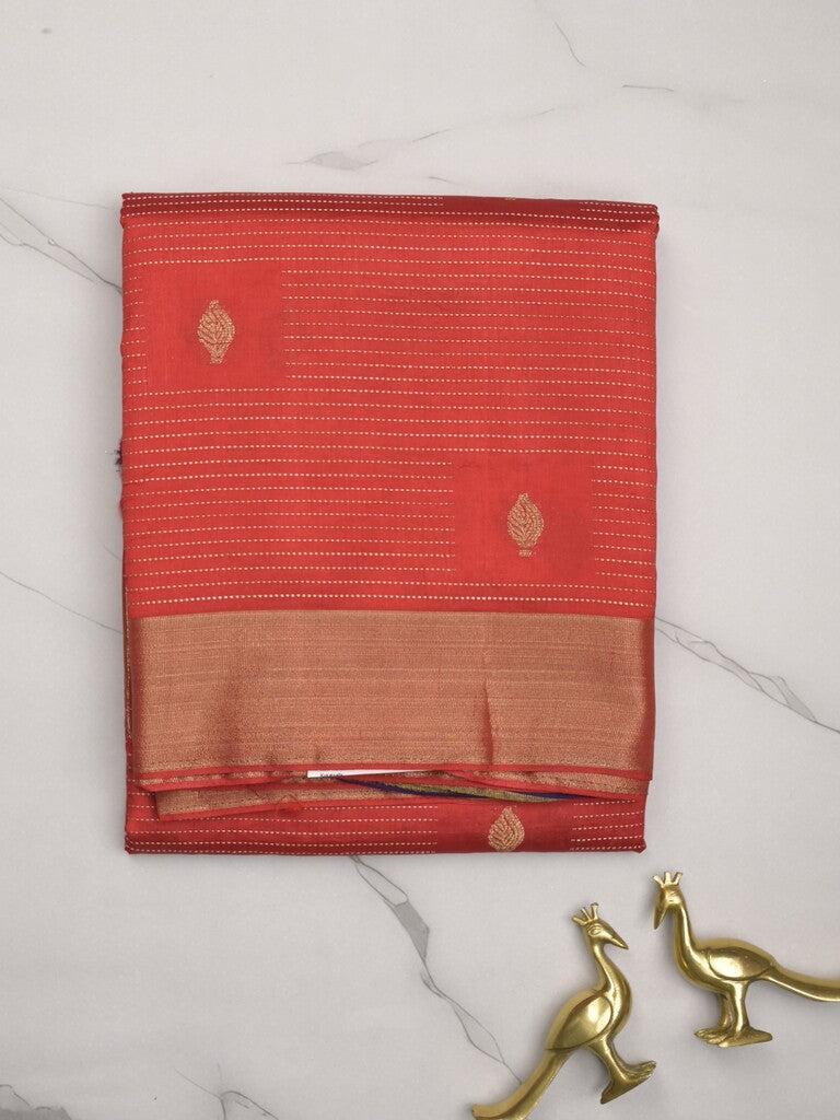 Dupion fancy saree red color allover zari motifs & zari border with zari pallu and contrast plain blouse