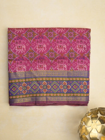 Ikkath fancy saree in pink color allover design with zari border & ikkath pallu and plain blouse