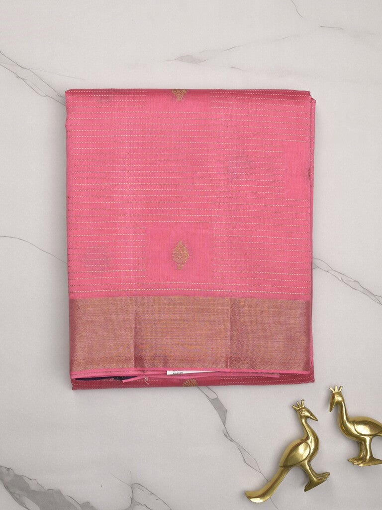 Dupion fancy saree rose pink color allover zari motifs & zari border with zari pallu and contrast plain blouse