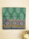 Ikkath fancy saree in green color allover design with zari border & ikkath pallu and plain blouse