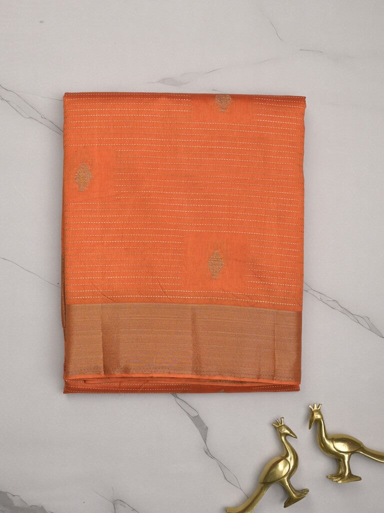 Dupion fancy saree orange color allover zari motifs & zari border with zari pallu and contrast plain blouse
