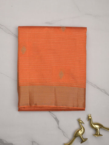 Dupion fancy saree orange color allover zari motifs & zari border with zari pallu and contrast plain blouse