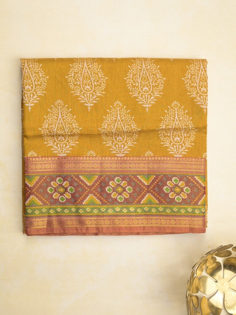 Ikkath fancy saree in yellow color allover design with zari border & ikkath pallu and plain blouse