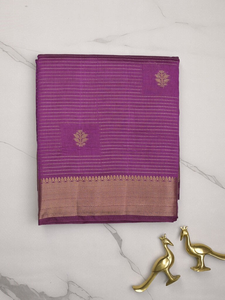 Dupion fancy saree violet color allover zari motifs & zari border with zari pallu and contrast plain blouse