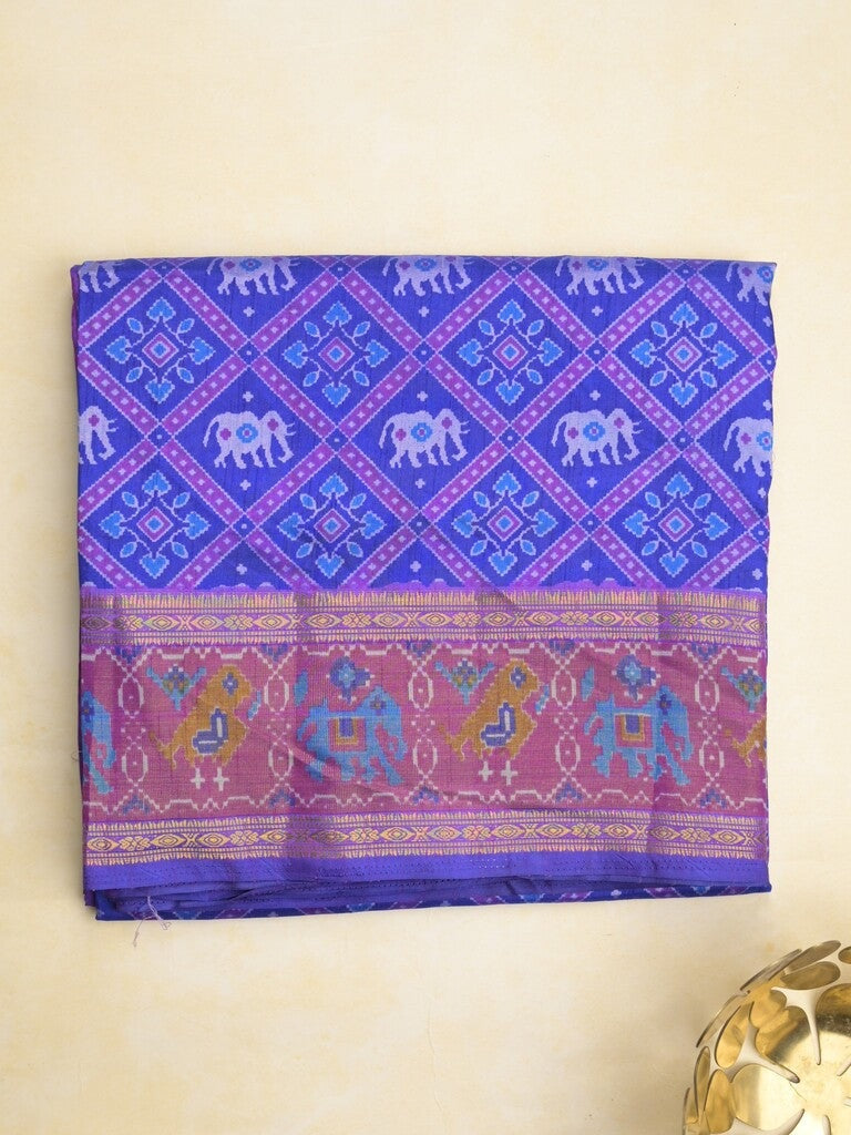 Ikkath fancy saree in royal blue color allover design with zari border & ikkath pallu and plain blouse