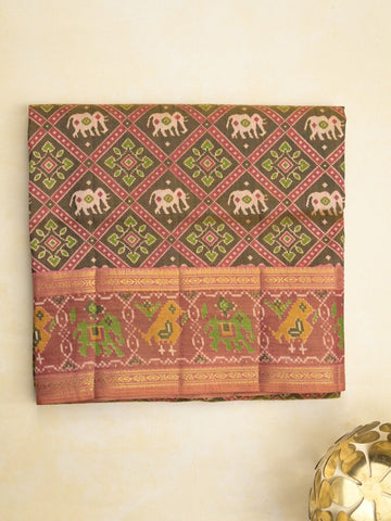 Ikkath fancy saree in brown color allover design with zari border & ikkath pallu and plain blouse