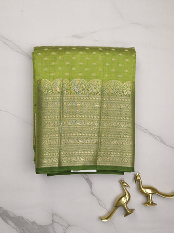 Dupion fancy saree parrot green color allover zari motifs & big zari border with zari pallu and contrast plain blouse