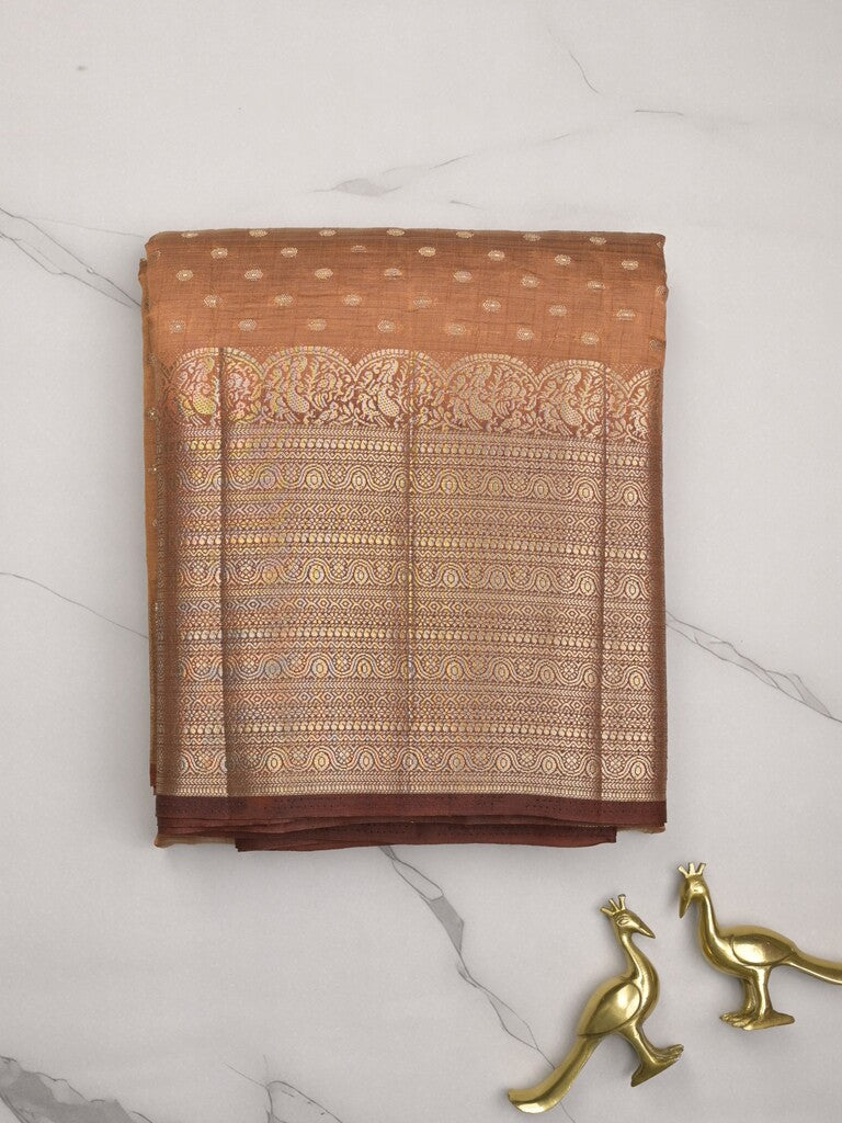 Dupion fancy saree brown color allover zari motifs & big zari border with zari pallu and contrast plain blouse