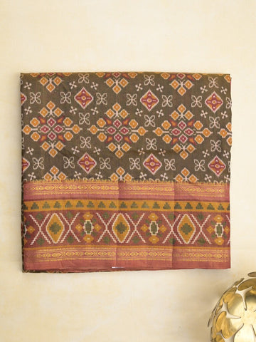 Ikkath fancy saree in brown color allover design with zari border & ikkath pallu and plain blouse