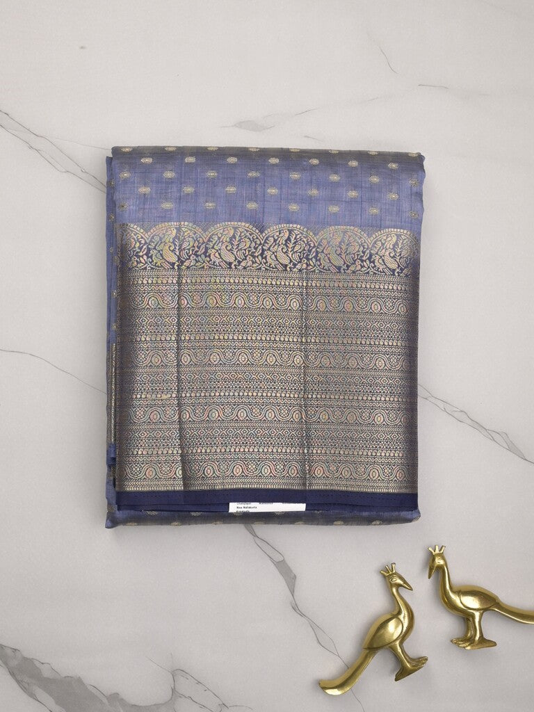 Dupion fancy saree blue color allover zari motifs & big zari border with zari pallu and contrast plain blouse