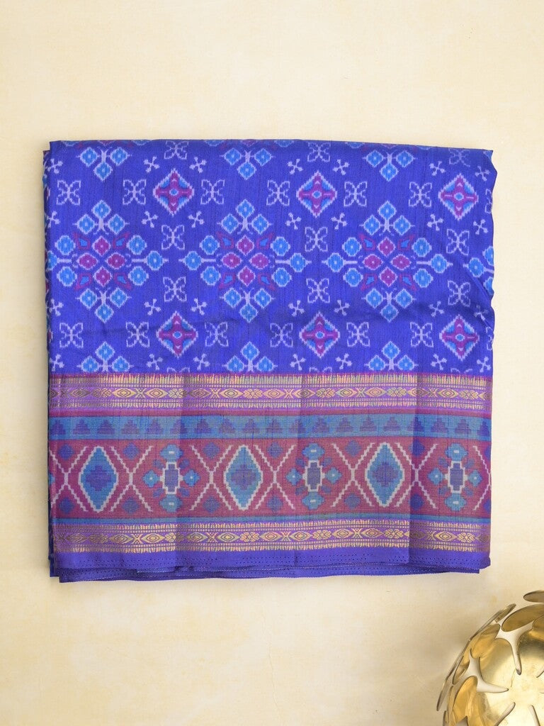 Ikkath fancy saree in royal blue color allover design with zari border & ikkath pallu and plain blouse