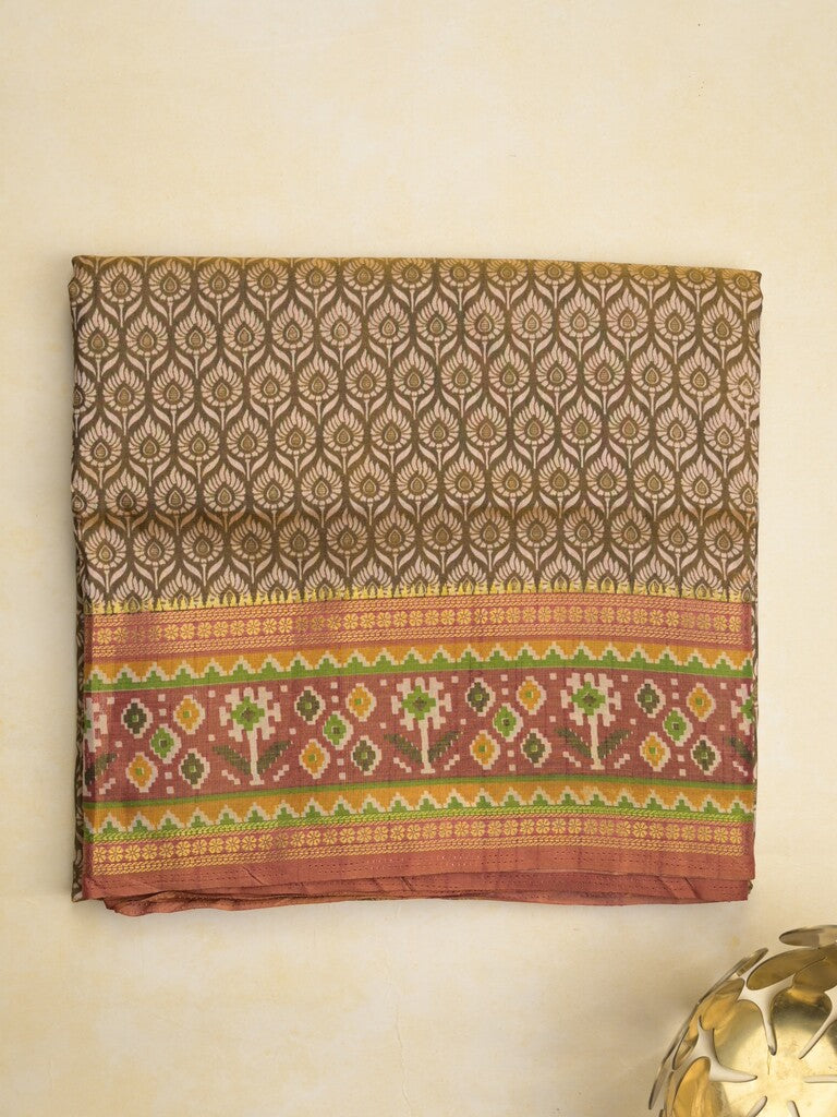 Ikkath fancy saree in beige color allover design with zari border & ikkath pallu and plain blouse