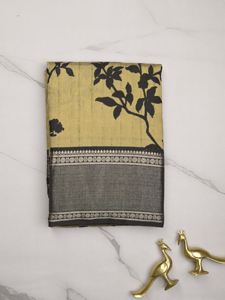Maheshwari fancy saree light yellow color allover prints & zari border with contrast pallu and plain blouse