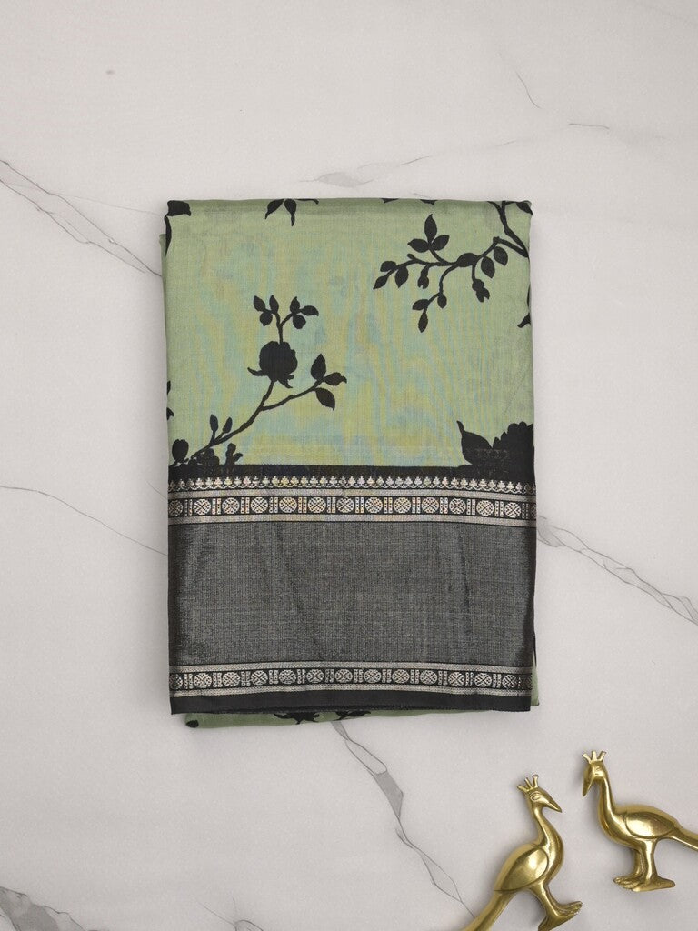 Maheshwari fancy saree pista green color allover prints & zari border with contrast pallu and plain blouse