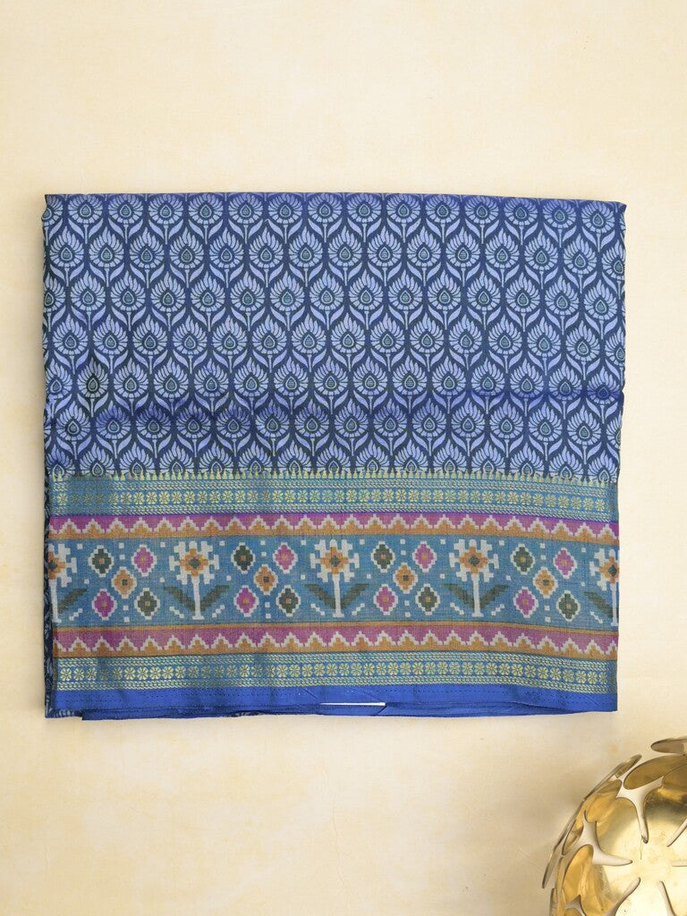 Ikkath fancy saree in navy blue color allover design with zari border & ikkath pallu and plain blouse