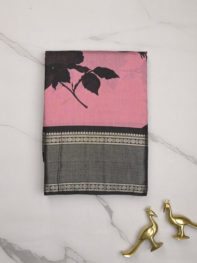 Maheshwari fancy saree light pink color allover prints & zari border with contrast pallu and plain blouse
