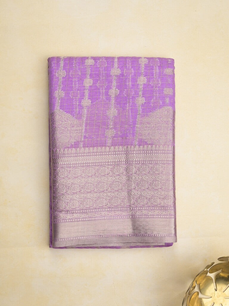 Chanderi kora fancy saree in lavender color with allover zari motifs & brocade pallu and blouse