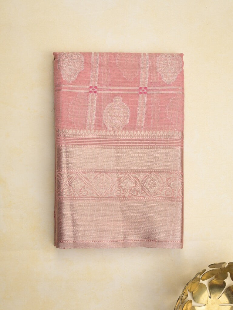 Chanderi kora fancy saree in baby pink color with allover zari motifs & brocade pallu and blouse