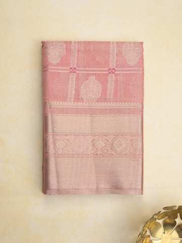Chanderi kora fancy saree in baby pink color with allover zari motifs & brocade pallu and blouse
