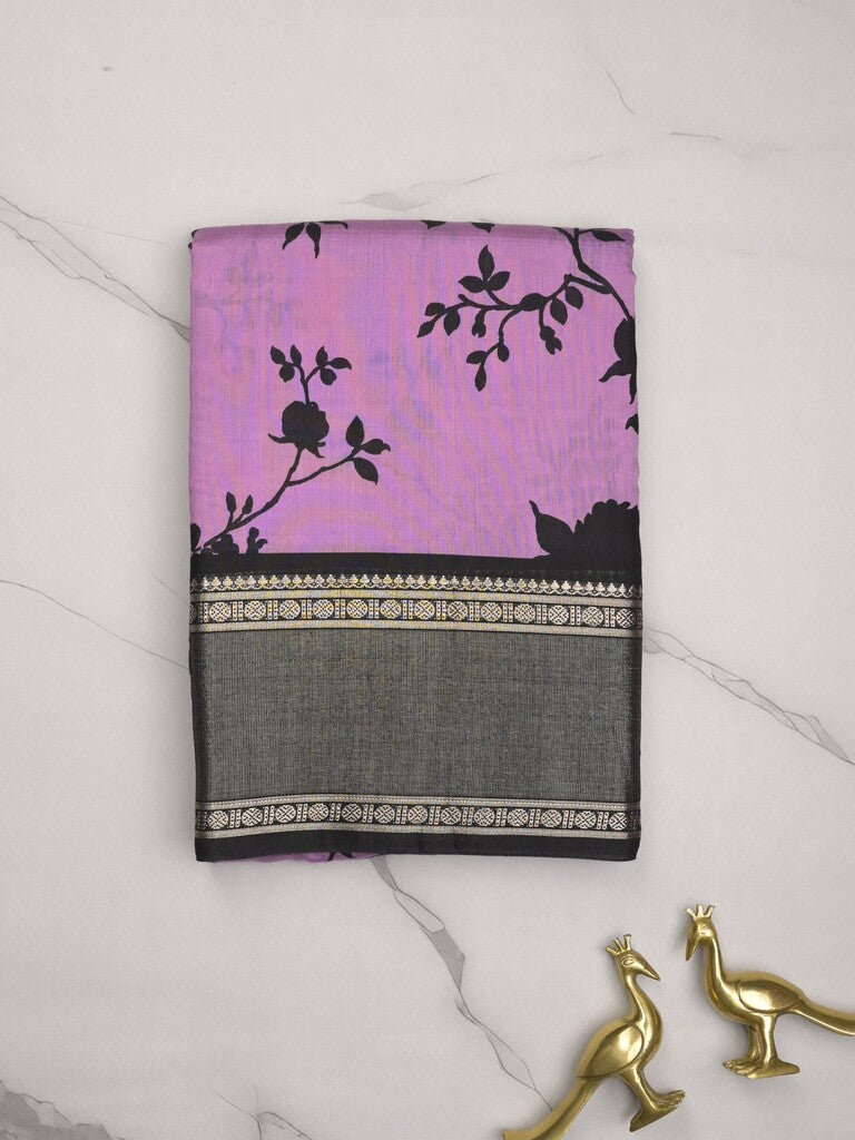 Maheshwari fancy saree purple color allover prints & zari border with contrast pallu and plain blouse