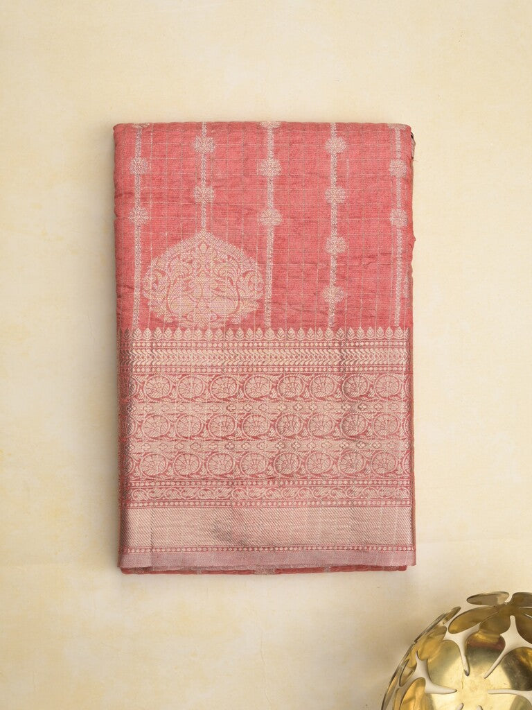 Chanderi kora fancy saree in red color with allover zari motifs & brocade pallu and blouse