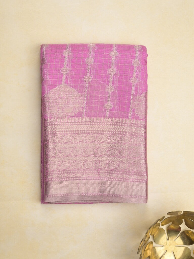 Chanderi kora fancy saree in purple color with allover zari motifs & brocade pallu and blouse