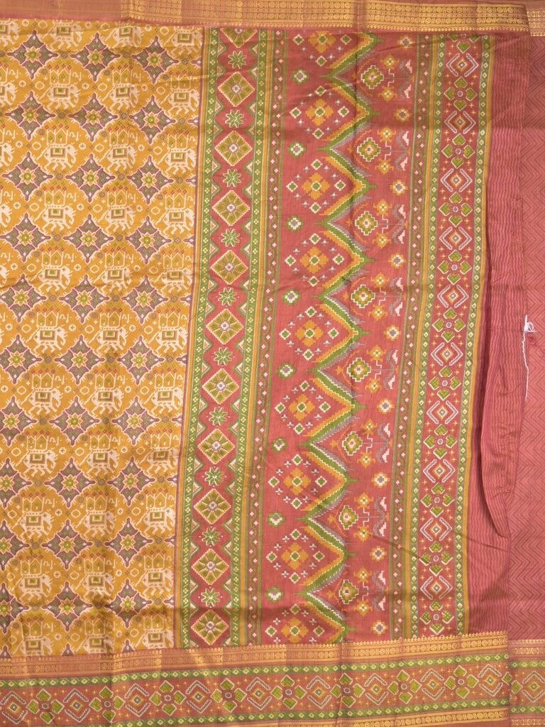 Ikkath fancy saree in mustard yellow color allover design with zari border & ikkath pallu and plain blouse