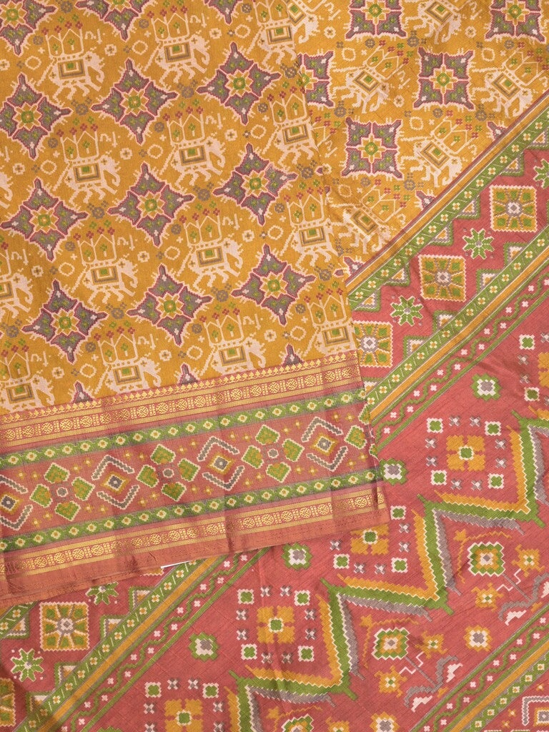 Ikkath fancy saree in mustard yellow color allover design with zari border & ikkath pallu and plain blouse