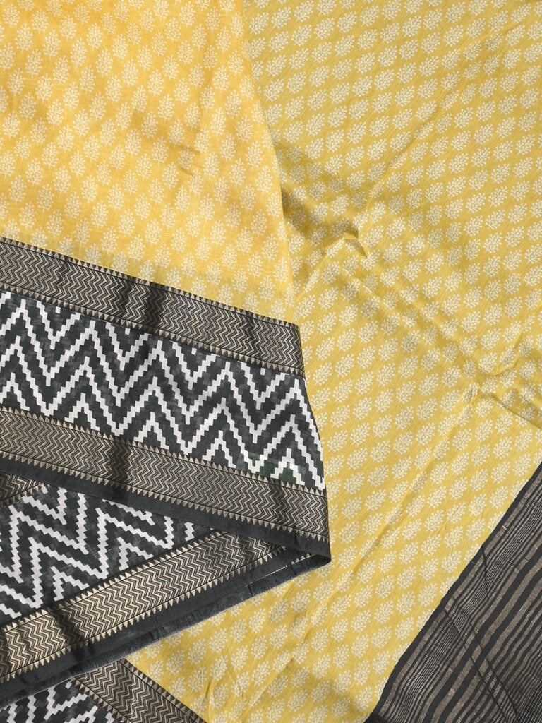 Maheshwari fancy saree light yellow color allover prints & zari, printed border with contrast pallu and plain blouse