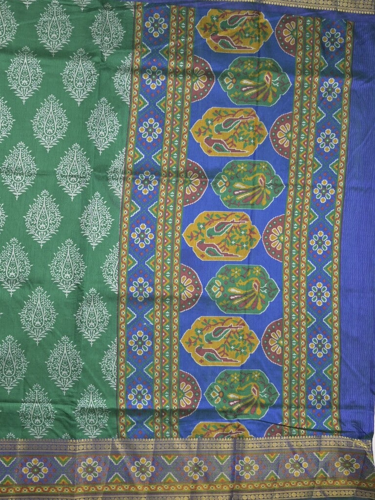 Ikkath fancy saree in green color allover design with zari border & ikkath pallu and plain blouse