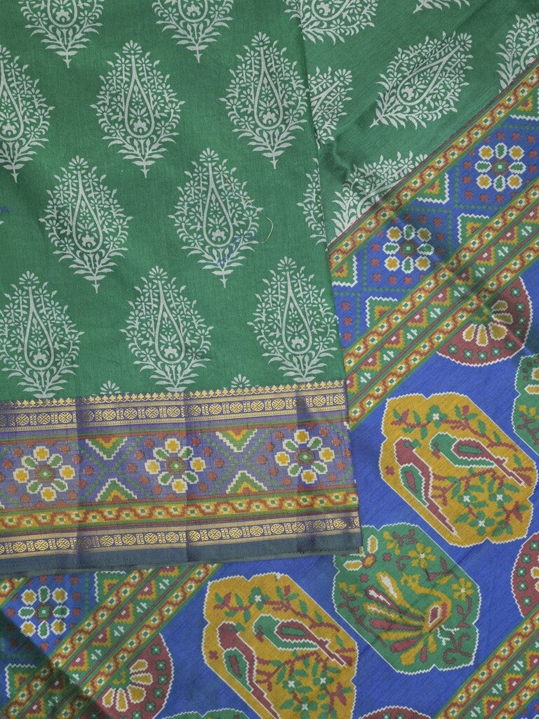 Ikkath fancy saree in green color allover design with zari border & ikkath pallu and plain blouse