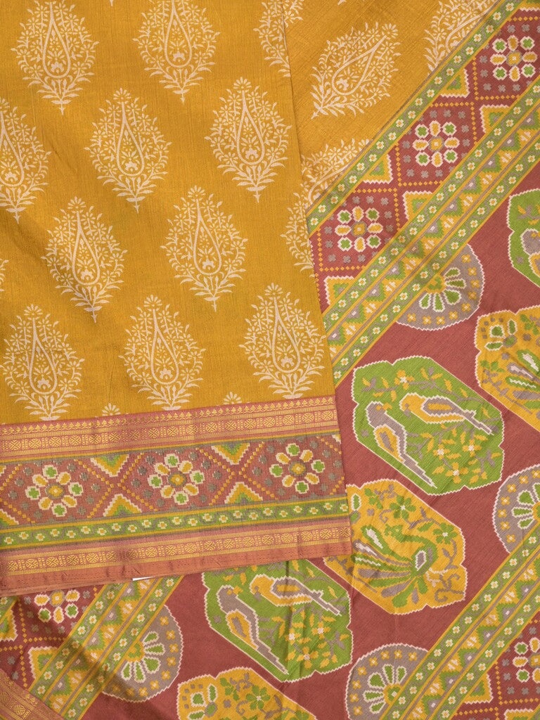 Ikkath fancy saree in yellow color allover design with zari border & ikkath pallu and plain blouse