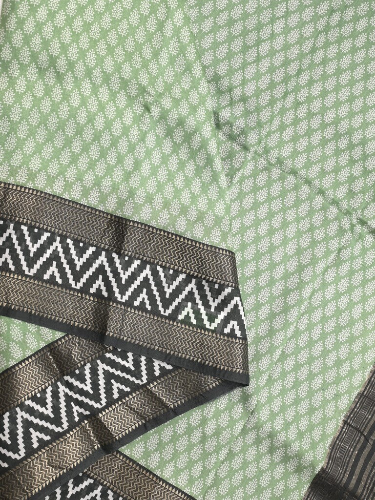 Maheshwari fancy saree light lux green color allover prints & zari, printed border with contrast pallu and plain blouse