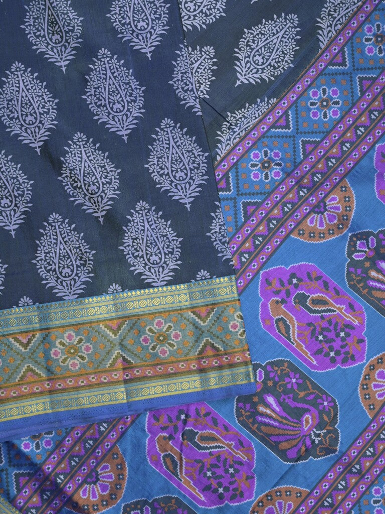 Ikkath fancy saree in dark blue color allover design with zari border & ikkath pallu and plain blouse