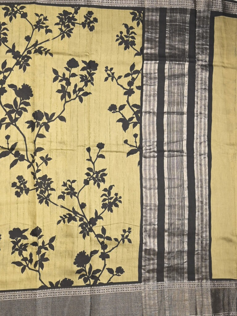 Maheshwari fancy saree light yellow color allover prints & zari border with contrast pallu and plain blouse